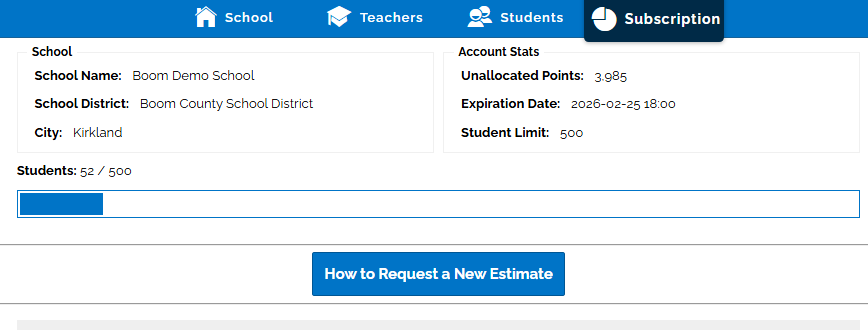 A screenshot showing the Subscription tab in a school manager account where a user can request a new estimate