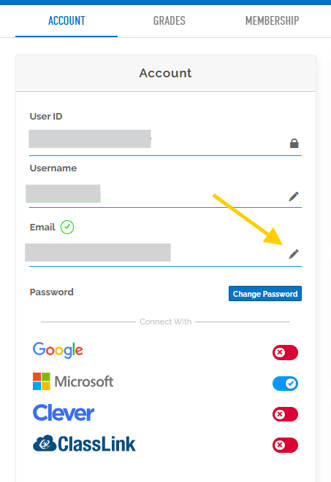 A view of the Account section of the settings. There is an arrow pointing to the pen next to the email to edit the email in the account. 