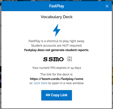 An image of the fastplay popup and generated pin. and URL.
