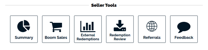 The Seller tools in the studio page, from left to right they are Summary, Boom Sales, External Redemptions, Redemption Review, Referrals, and Feedback. The feedback box is where the tool this article is talking about is located. 