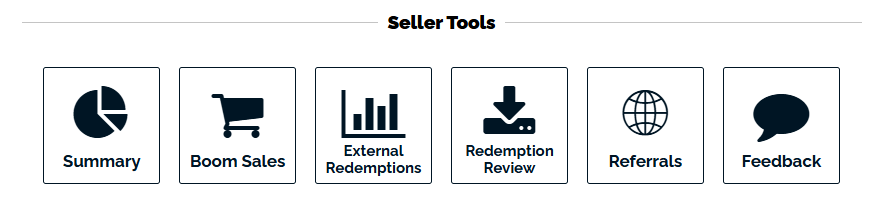 The Seller tools in the studio page, from left to right they are Summary, Boom Sales, External Redemptions, Redemption Review, Referrals, and Feedback. The feedback box is where the tool this article is talking about is located.