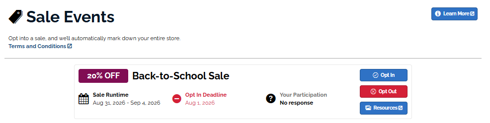 an image of the sales events page with an active sale avalible to opt into