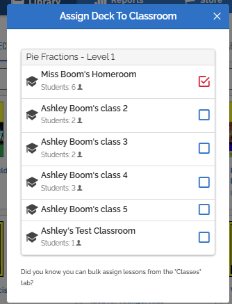 an image of the assign deck to classroom modal