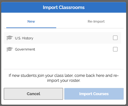 an image of the Classroom selection modal
