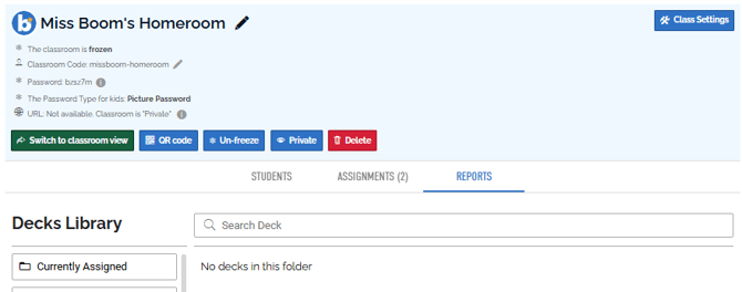 an image of the classes tab with the reports tab open