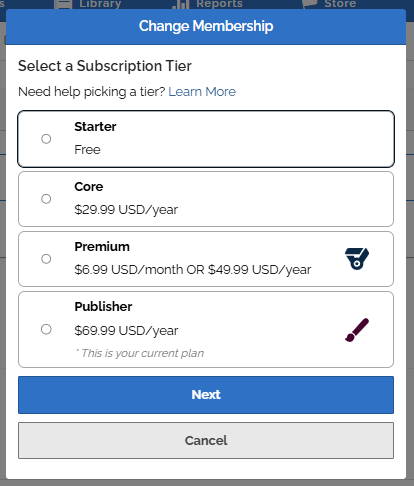 The change membership modal where you can select the memebrship you want