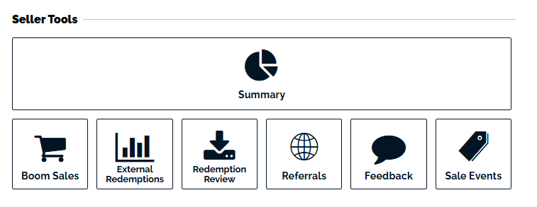 an image of teh studio seller tools including a large summary button, boom sales button, external redemptions button, redemption review button, refferals button, feedback button, and sales events