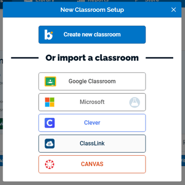 Image showing the different services that you can import classrooms from. Examples shown are "Google", "Microsoft", "Clever", and "ClassLink".