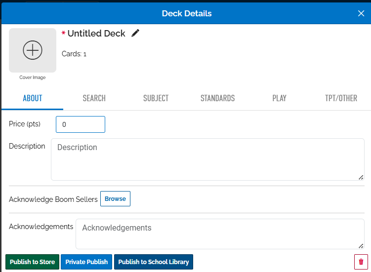 an image of the deck details modal. The acknowledgments section is at the bottom of the modal.