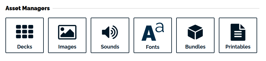 an image of the asset managers including decks, images, sounds, fonts, bundles, and printables