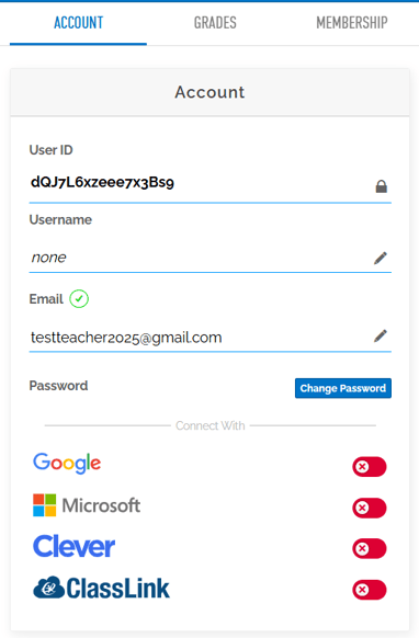 An image of the account information page. There's a spot for user ID, username, email, connecting google, Microsoft, Clever, and classlink