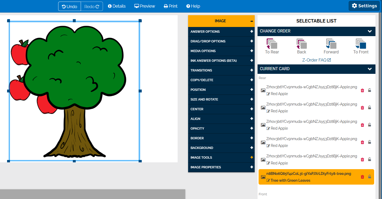Image of the tree and apples selected, indicated by the blue outline.