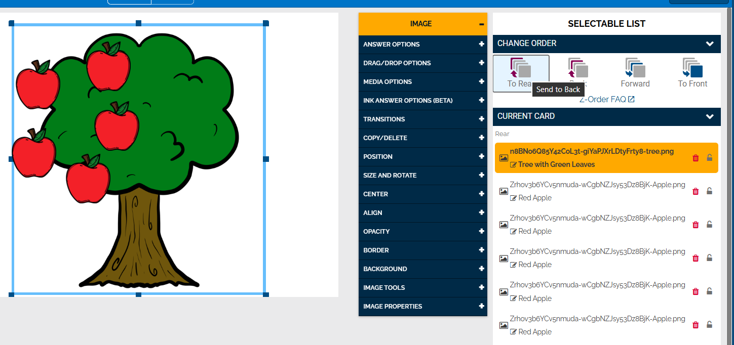 The To rear button is highlighted and the apples are in front of the tree image 