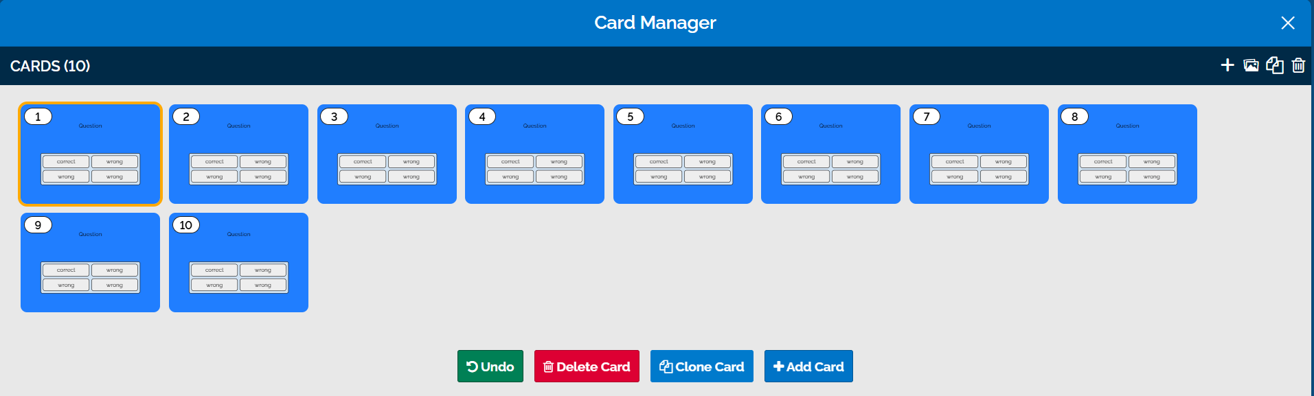 An image of the card manager menu, showing all the cards in the deck and icons in the top right for adding, creating cards from images, duplicating, and deleting.
