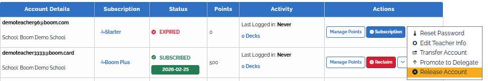 The "Teachers" menu, where you can make edits on a drop-down menu highlighted on the right.
