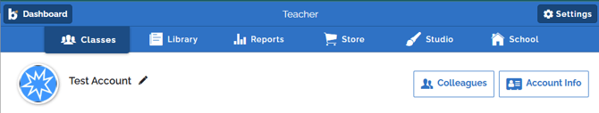 an image of the top navigation bar in a delegate account. From left to right there is teh classes tab, the Library tab, the Reports tab, the store tab, the studio tab, and the School tab