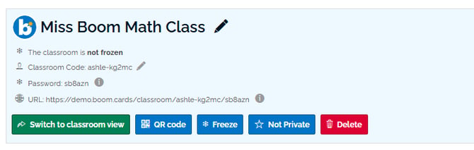 An image of the classroom page with buttons for "sign in", "lock", "not private", and "delete".