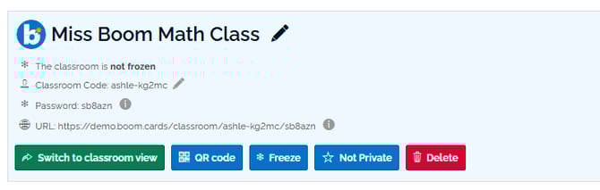An image showing the classroom and the buttons "sign in", "QR code", "freeze", "not private", and "delete" along the bottom. The button for "frozen" is highlighted.