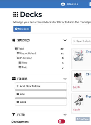 A screenshot of the deck manager in an active publisher account showing the statistics of paid versus free decks in their store.