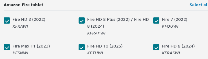 A list of different Kindle Fire products that are compatible with the Kindle Fire Boom Cards app.  Including Fire HD 8 (2022) Fire HD 8 Plus (2022) / Fire HD 8 (2024), Fire 7 (2022), Fire Max 11 (2023), Fire HD 10 (2023), and Fire HD 8 (2024)