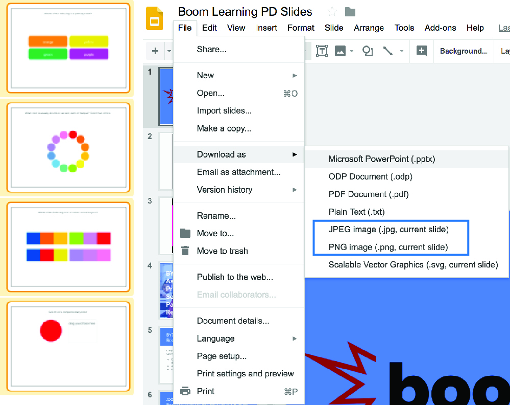Image of downloading Google Slides as JPEG or PNG.