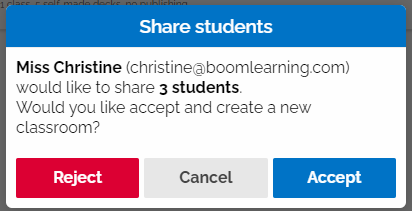 An image of the student share request with "reject", "cancel", and "accept" buttons along the bottom.