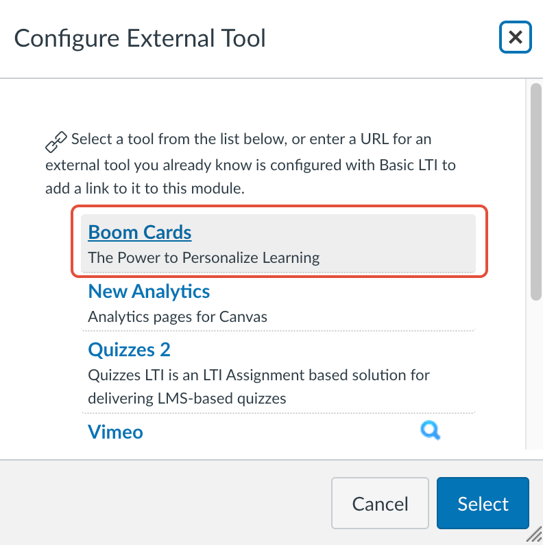 The "Configure External Tool" menu, highlighting the "Boom Cards" option to launch onto a new page.