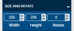 Image of the Size and Rotate Settings, with options to change the elements Width, Height, and Rotate values.