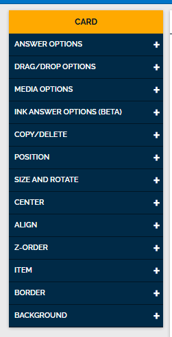 An image of the card editing toolbar, with "answer options", "drag/drop options", "media options", "ink answer options (beta)", "copy/delete", "position", "size and rotate", "center", "align", "z-order", "item", "border", and "background" in order.