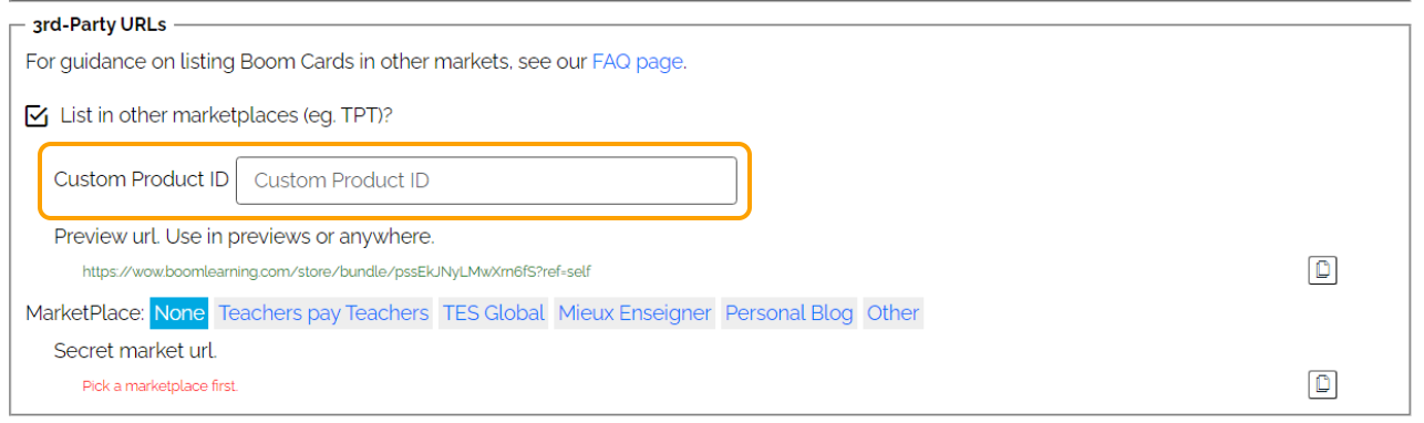 Image of Custom Product ID entry box in 3rd-Party URLs tab for bundle.