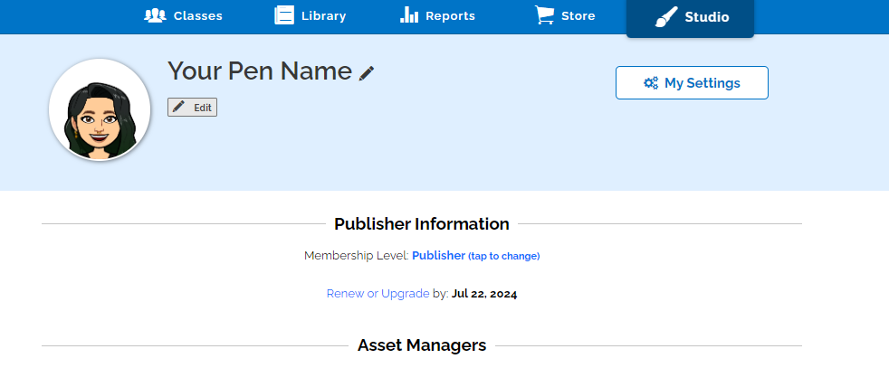 Image of navigating to set Pen Name in Studio.