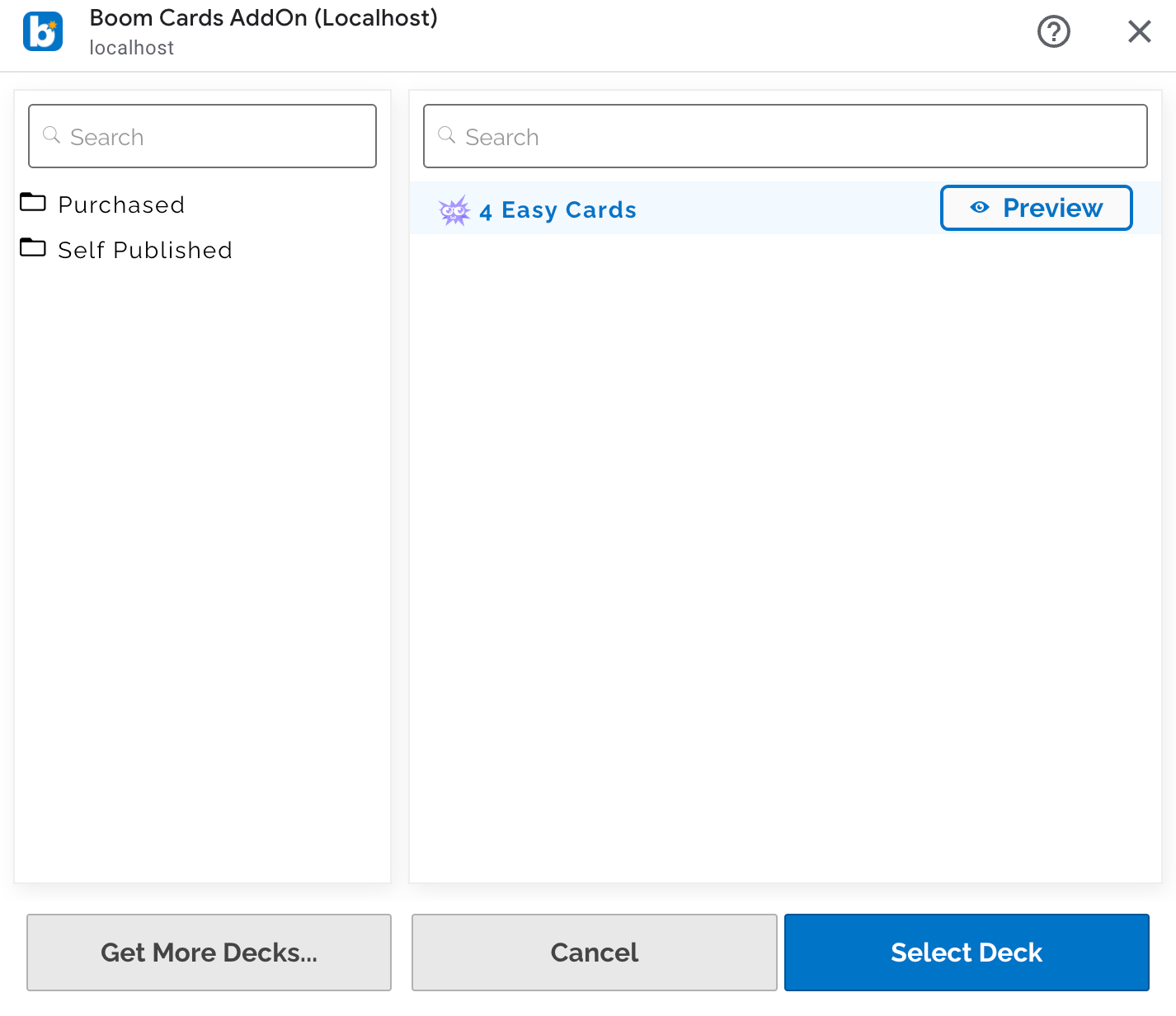 An example library of decks, where users can view their "Purchased" and "Self Published" decks. An example deck named "4 Easy Cards" is selected to preview.