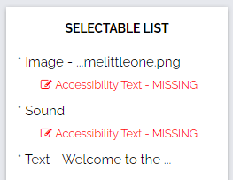 Image of Selectable List marking Accessibility Text as missing.