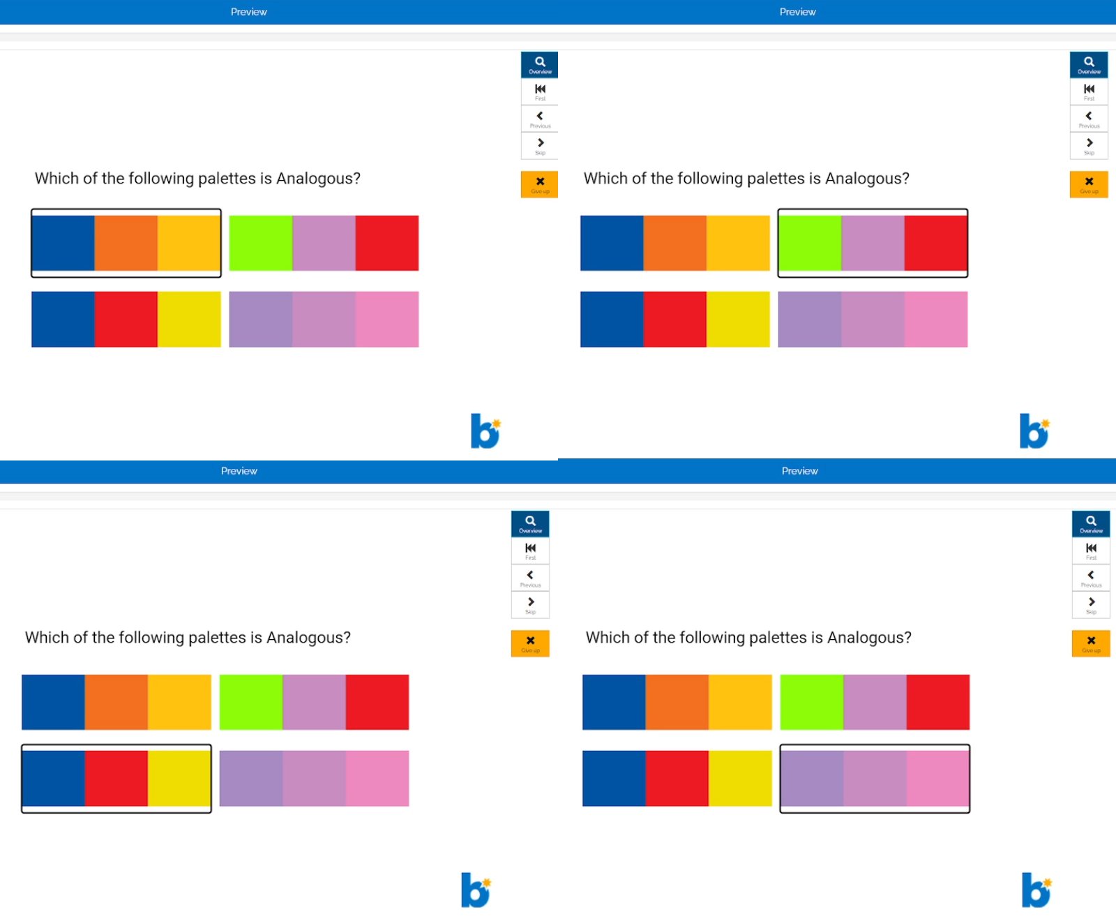 Image of different palettes being selected through Tab Key Navigation.