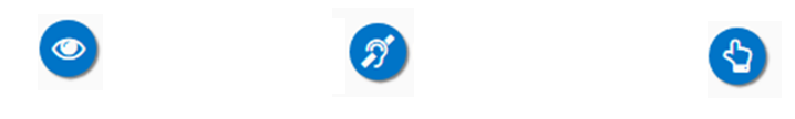 Image of the three badges that correspond to accessibility. An eyes for visual, ear for audio, cursor for motor.