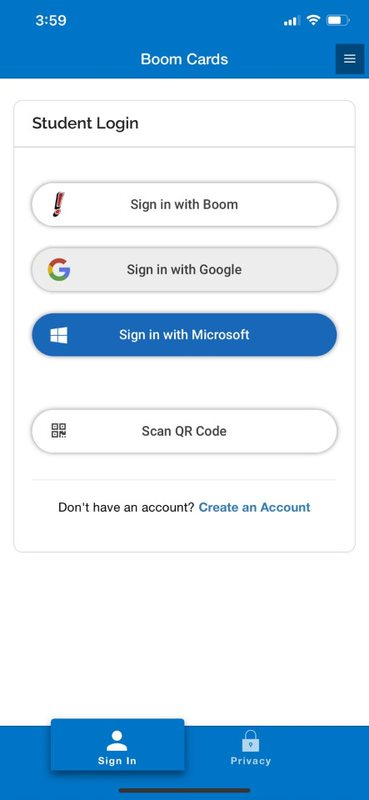 An image of the student login page. It has buttons for "sign in with Boom", "sign in with Google", "sign in with Microsoft", and "scan QR code".