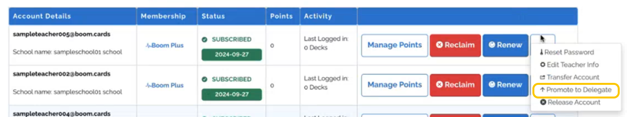 A selection of example teacher accounts where you can find the drop-down menu for the option "Promote to Delegate", which is highlighted.