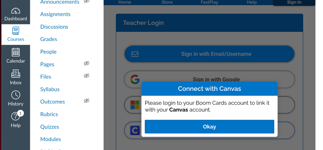 A prompt to connect your "Canvas" account to your Boom Learning account.