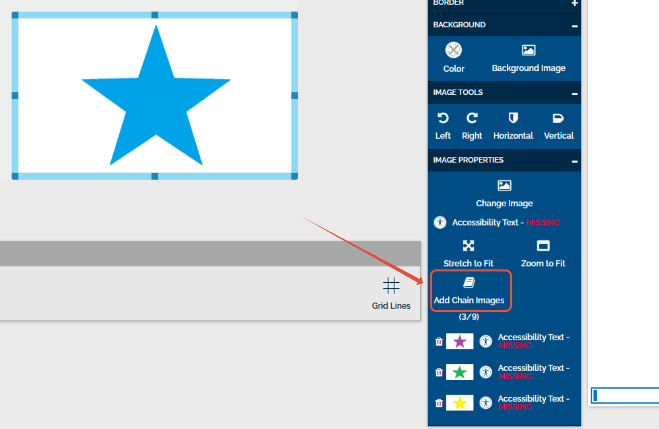 An image showing a selected image of a blue star and the "add chain images" button under "image properties" with three other images added.