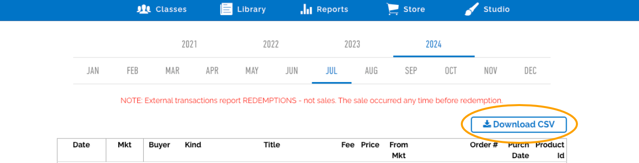 Image of Download CSV button circled on the Transaction/Payment tab.