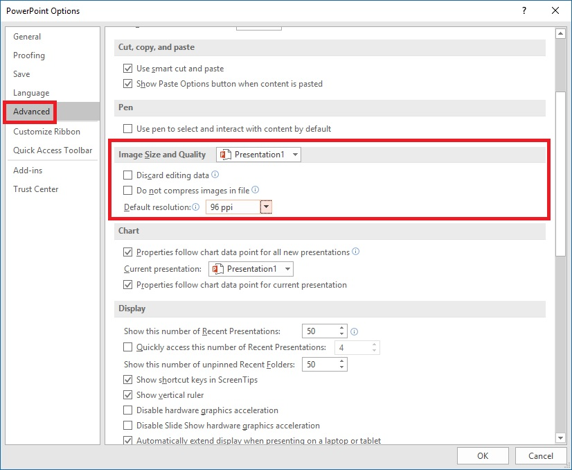 Image of PowerPoint Block Compressing Images Instructions. Red outline Image Size and Quality in PowerPoint Options Advanced Tab.