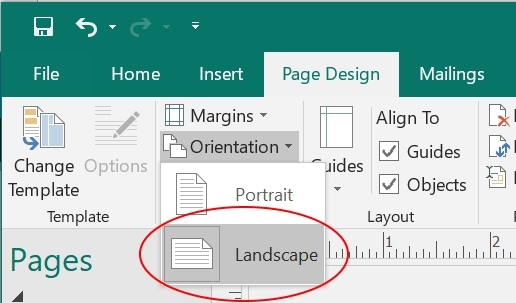 Image of Landscape circled in red in the Orientation dropdown in the Page Design tab in Publisher.
