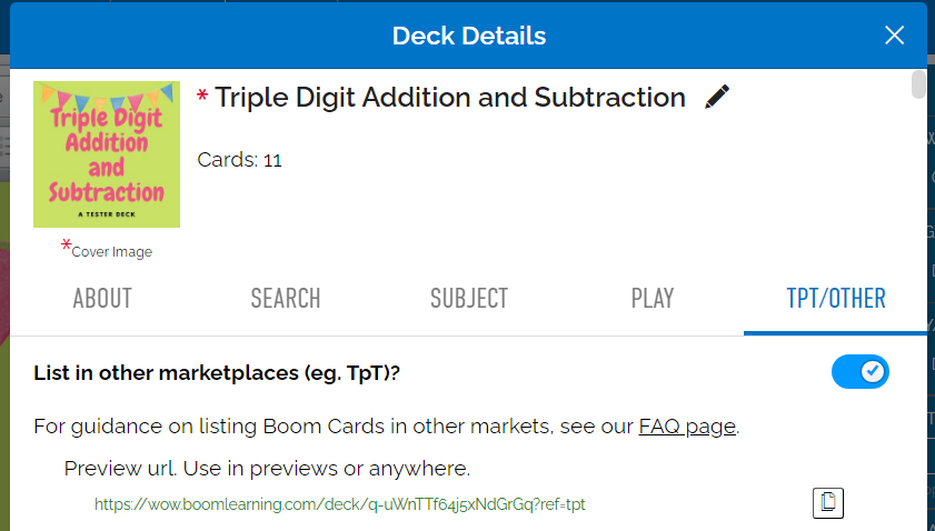 Image of Preview URL in Deck Details.