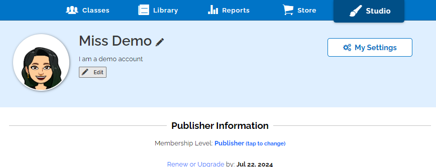 Image of setting Pen Name. Example pen name: Miss Demo.