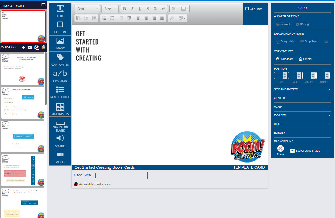 An image of the boom card creation menu. On the left are all the cards in the deck, in the middle is the current card, and on the right there are card formatting options.