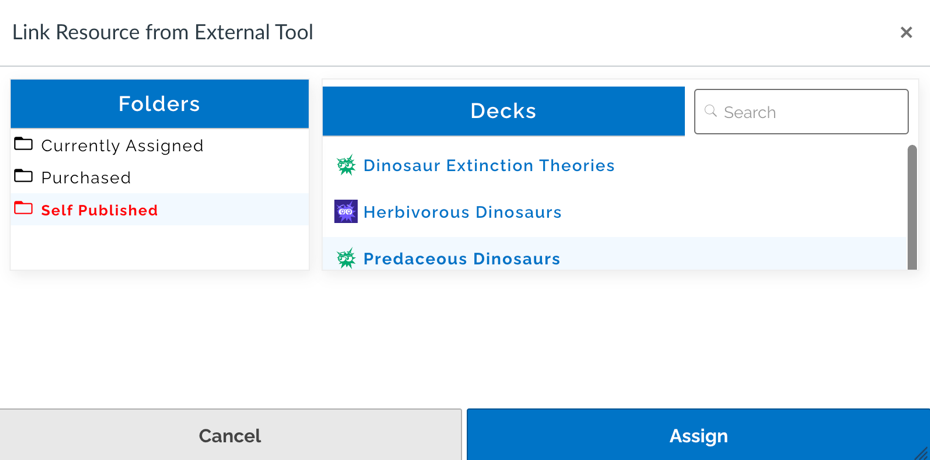 A page where you can find all of your Decks, this example library shows the "Self Published" Decks.