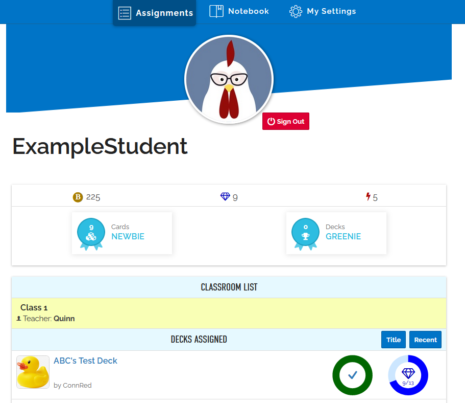 An image of a student account highlighting the "assignments" tab on the left of the top horizontal menu.
