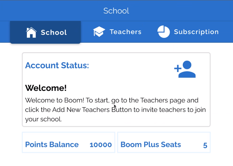 A "Account Status" welcome screen, where you can see an example "Points Balance" and "Boom Plus Seats".