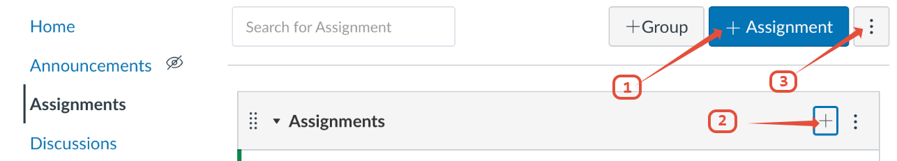 Displaying the three options for creating an assignment, one option point to the "+ Assignment" button, and the other two point to two drop-down menus.