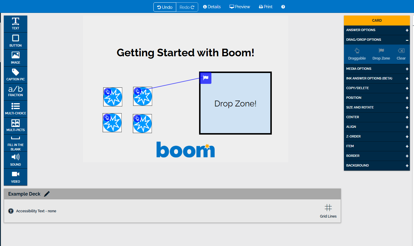 An image showing four draggables and a drop zone, with one of the draggables being linked to the drop zone by a blue line.